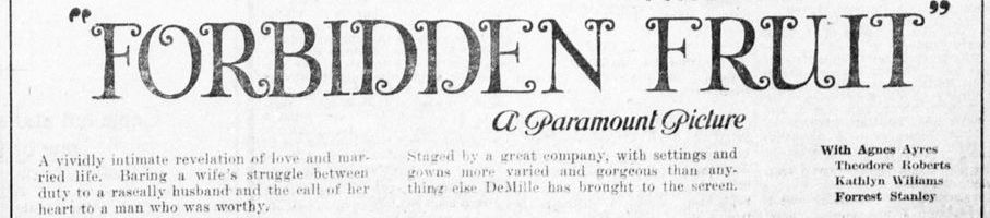 A newspaper page fragment showing the advertisement of the movie Forbidden Fruit.