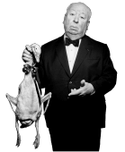 Alfred Hitchcock holding a dead duck.