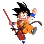 Young Goku jumping and smiling, holding a stick.